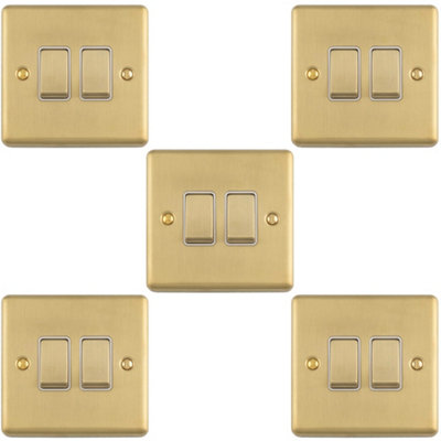 Loops 5 Pack 2-Gang Double Rocker Light Switches Satin Brass White Trim ...