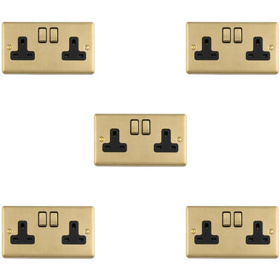 Loops 5-Pack 2-Gang Double UK Switched Socket Satin Brass & Black 13A