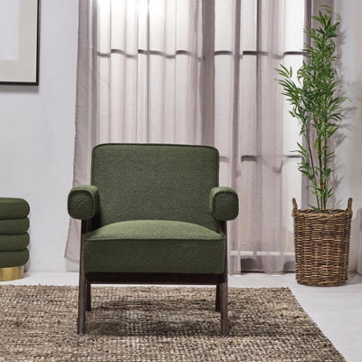 Lorenzo Armchair Green Boucle Upholstered Fabric Seat Brushed Wood Accent Frame