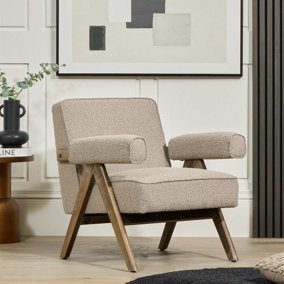 Lorenzo Armchair Greige Grey Boucle Upholstered Seat Brushed Wood Accent Frame