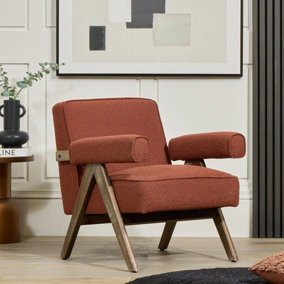 Lorenzo Armchair Rust Orange Boucle Upholstered Seat Brushed Wood Accent Frame