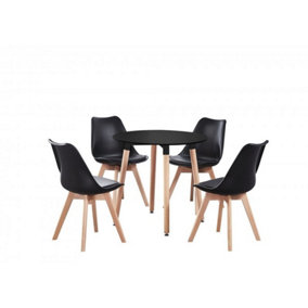 Lorenzo Halo Round Dining Table Set with 4 Chairs, Black Table & Black Chairs