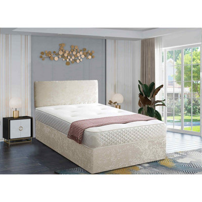 Loria Divan Bed Set with Headboard and Mattress - Chenille Fabric, Cream Color, 2 Drawers Left Side