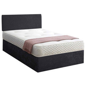 Loria Divan Bed Set with Headboard and Mattress - Crushed Fabric, Black Color, 2 Drawers Left Side