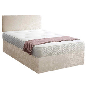 Loria Divan Bed Set with Headboard and Mattress - Crushed Fabric, Cream Color, 2 Drawers Left Side