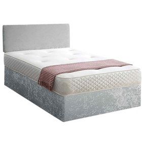Loria Divan Bed Set with Headboard and Mattress - Crushed Fabric, Silver Color, 2 Drawers Left Side