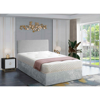 Loria Divan Bed Set with Headboard and Mattress - Crushed Fabric, Silver Color, 2 Drawers Left Side