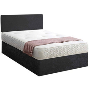 Loria Divan Bed Set with Headboard and Mattress - Plush Fabric, Black Color, 2 Drawers Left Side