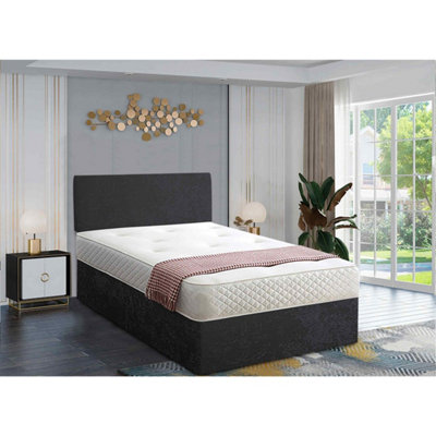 Loria Divan Bed Set with Headboard and Mattress - Plush Fabric, Black Color, 2 Drawers Left Side