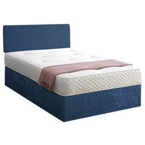 Loria Divan Bed Set with Headboard and Mattress - Plush Fabric, Blue Color, 2 Drawers Left Side