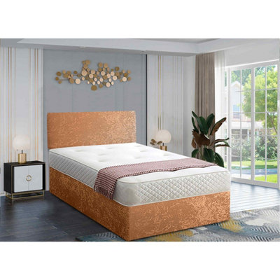 Loria Divan Bed Set with Headboard and Mattress - Plush Fabric, Mustard Color, 2 Drawers Left Side
