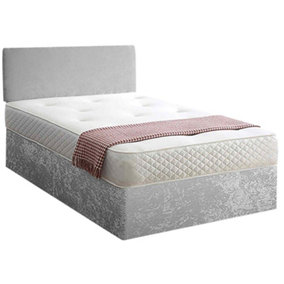 Loria Divan Bed Set with Headboard and Mattress - Plush Fabric, Silver Color, 2 Drawers Left Side