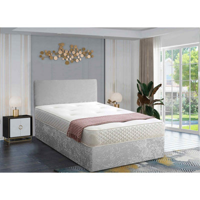 Loria Divan Bed Set with Headboard and Mattress - Plush Fabric, Silver Color, 2 Drawers Left Side
