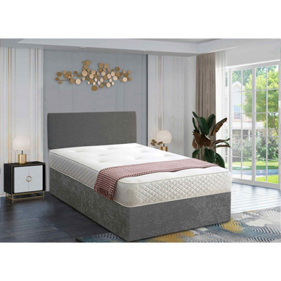 Loria Divan Bed Set with Headboard and Mattress - Plush Fabric, Steel Color, 2 Drawers Left Side