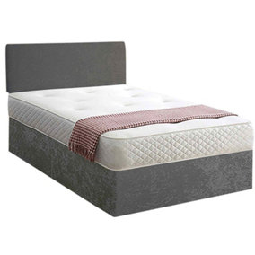 Loria Divan Bed Set with Headboard and Mattress - Plush Fabric, Steel Color, 2 Drawers Left Side