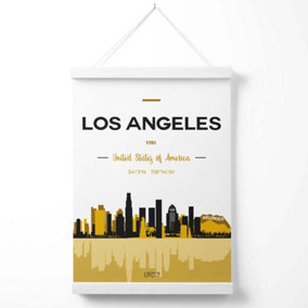 Los Angeles Yellow and Black City Skyline Poster with Hanger / 33cm / White