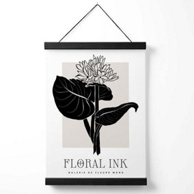Lotus Flower in Black and Beige Floral Ink Sketch Medium Poster with Black Hanger