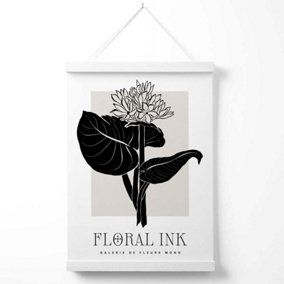 Lotus Flower in Black and Beige Floral Ink Sketch Poster with Hanger / 33cm / White