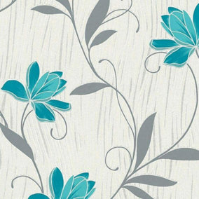 Lotus Wallpaper AS Creation Floral Textured Glitter Vinyl Grey Teal Blue White