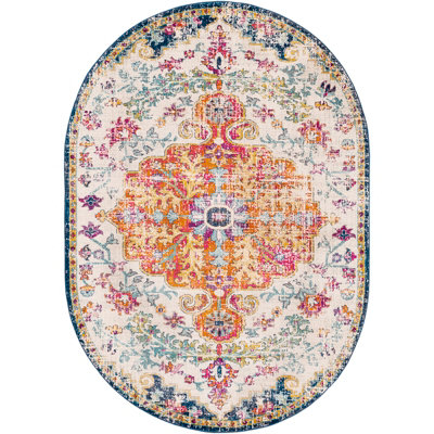 LOU Oval Vintage Traditional Oriental Boho Saffron/Navy Area Rug 152 x 245 cm