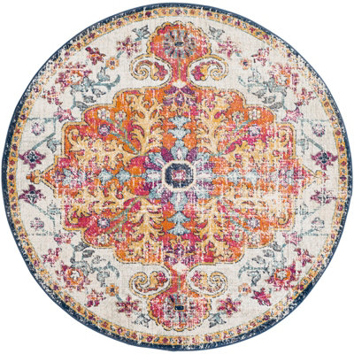 LOU Round Vintage Traditional Oriental Boho Saffron/Navy Area Rug 180 x 180 cm