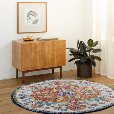 LOU Round Vintage Traditional Oriental Boho Saffron/Navy Area Rug 180 x 180 cm
