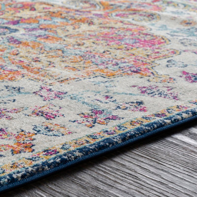 LOU Round Vintage Traditional Oriental Boho Saffron/Navy Area Rug 180 x 180 cm