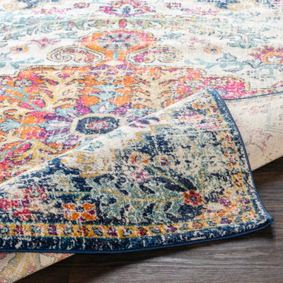 LOU Round Vintage Traditional Oriental Boho Saffron/Navy Area Rug 180 x 180 cm