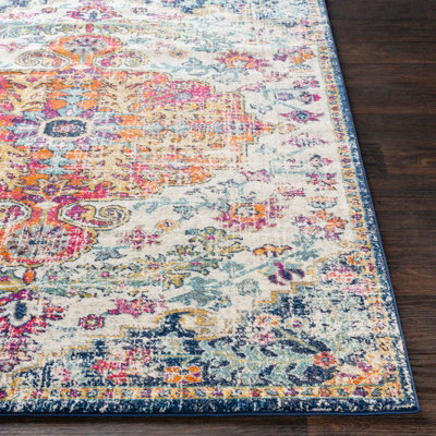 LOU Round Vintage Traditional Oriental Boho Saffron/Navy Area Rug 180 x 180 cm