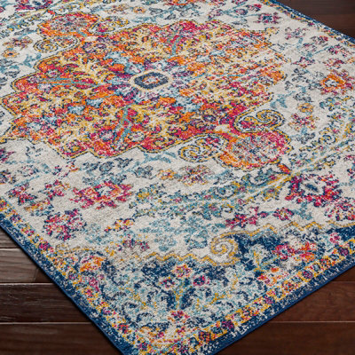 LOU Round Vintage Traditional Oriental Boho Saffron/Navy Area Rug 180 x 180 cm