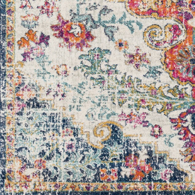 LOU Round Vintage Traditional Oriental Boho Saffron/Navy Area Rug 180 x 180 cm