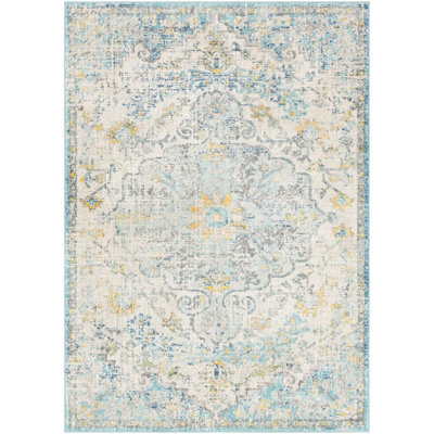 LOU Vintage Traditional Oriental Boho Cream/Teal/Yellow Area Rug 120 x 170 cm