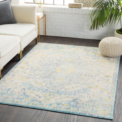 LOU Vintage Traditional Oriental Boho Cream/Teal/Yellow Area Rug 120 x 170 cm