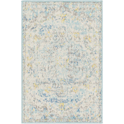 LOU Vintage Traditional Oriental Boho Cream/Teal/Yellow Area Rug 60 x 90 cm