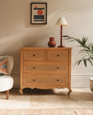 Louis Aged Oak Rattan 4 Drawer Chest