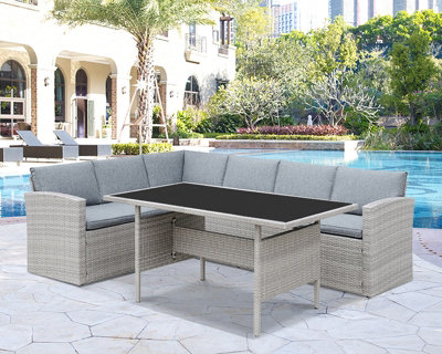 Louisa Corner Grey Rattan Sofa Garden Set for Outdoors L Shaped Black Glass Topped Dining Table