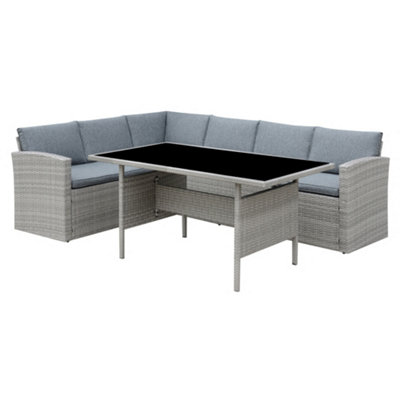 Louisa Corner Grey Rattan Sofa Garden Set for Outdoors L Shaped Black Glass Topped Dining Table Grey Cushions