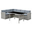 Louisa Corner Grey Rattan Sofa Garden Set for Outdoors L Shaped Black Glass Topped Dining Table Grey Cushions