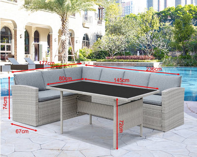 Louisa Corner Grey Rattan Sofa Garden Set for Outdoors L Shaped Black Glass Topped Dining Table Grey Cushions DIY at B Q