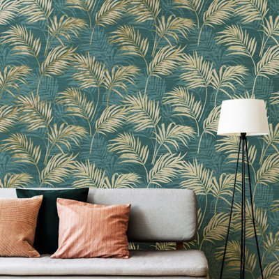 Lounge Palm Wallpaper Teal / Gold Grandeco A46105