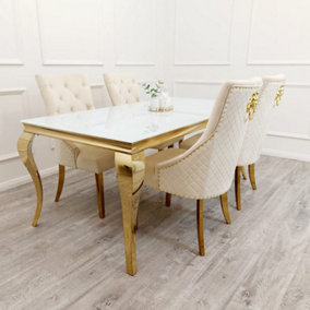 Lous 1.6m Pandora Sintered Stone Dining Table + 4x Majestic Cream & Gold Dining Chairs