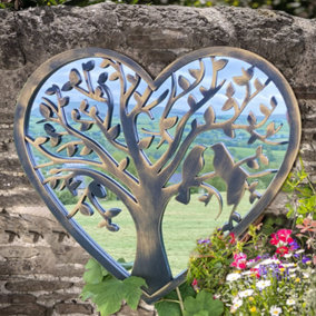 Love Birds Heart Shaped Tree of Life Outdoor Garden Wall Mirror - Copper Distressed Robins Great Memorial or Wedding Gift Decor
