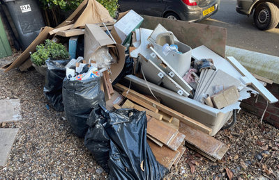 Big pile of decorating rubbish waiting for collection