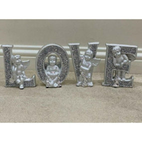 Love Sign Sparkle Silver Angel Crushed Diamond Letter Set Shelf Sitter