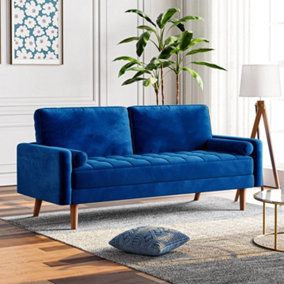 Loveseat Sofa Couch,3 Seater Blue Velvet Couch with 2 Pillows