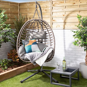 Lovina Balinese Garden Egg Chair, A Grey 1 Seater Swing Chair & Cocoon Hanging Chair, Rattan Effect with Cushions