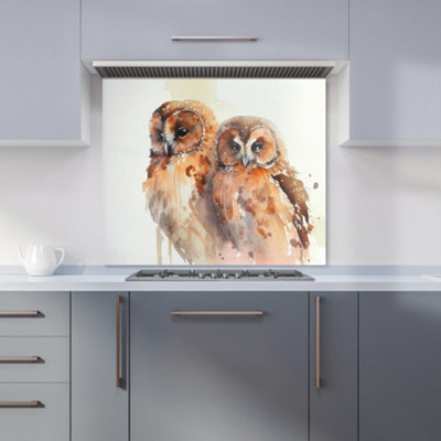 Loving Tawny Owls Watercolour Premium Glass Kitchen Splashback W600mm x H600mm