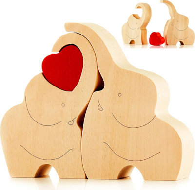 Loving Wooden Elephant Couple Figurine with Red Heart Heartfelt
