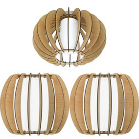Low Ceiling Light & 2x Matching Wall Lights Wood Cage & White Glass Shade Lamp