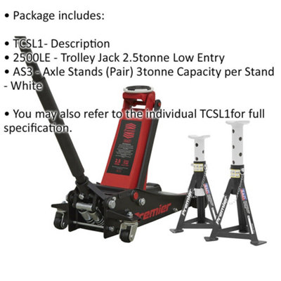 Low Entry Hydraulic Trolly Jack & 2 x Axle Stand Kit - 2500kg Capacity - Red